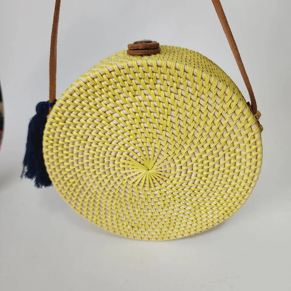 Hand Crafted Bali Yellow & Beige Tassel Rattan Circle Crossbody Bag